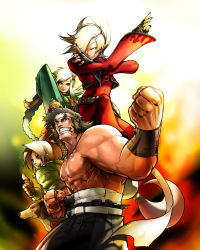 2boys 2girls abs androgynous ash_crimson belt blue_mary braid clenched_teeth crossdressing crossover data_east dog eyebrows falcoon fatal_fury fighter&#039;s_history fingerless_gloves fingernails gloves hair_over_one_eye headband highres kof:_maximum_impact long_fingernails long_hair makoto_mizoguchi manly maximum_impact_ii mizoguchi_makoto multiple_boys multiple_girls muscular nail_(hardware) snk teeth the_king_of_fighters thumbs_up topless_male trap xiao_lon