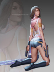 Rule 34 | 00s, 1girl, ass, audia pahlevi, boots, brown hair, female focus, final fantasy, final fantasy x, final fantasy x-2, gun, handgun, heterochromia, hood, kneeling, looking at viewer, looking back, ponytail, short hair, short shorts, shorts, solo, weapon, yuna