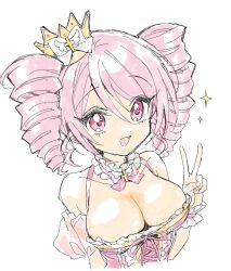 1girl bare_shoulders blush bow bowtie breasts choker cleavage collarbone cross crown detached_sleeves dress drill_hair fang frilled_choker frills hair_between_eyes highres jashin-chan_dropkick large_breasts long_hair looking_at_viewer mini_crown open_mouth pink_bow pink_bowtie pink_dress pink_eyes pink_hair pink_sleeves pino_(jashin-chan_dropkick) short_sleeves simple_background sketch sleeveless sleeveless_dress smile solo sparkle twin_drills twintails v white_background white_choker white_wrist_cuffs wrist_cuffs yellow_crown yukiwo