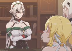 3girls alternate_costume arlecchino_(genshin_impact) black_eyes blonde_hair blurry bookshelf breasts cleavage commentary cosplay crossed_arms depth_of_field detached_sleeves english_commentary genshin_impact indoors katheryne_(genshin_impact) katheryne_(genshin_impact)_(cosplay) large_breasts long_hair long_sleeves looking_at_another low_ponytail lumine_(genshin_impact) multicolored_hair multiple_girls paimon_(genshin_impact) ponytail short_hair_with_long_locks sidelocks surprised two-tone_hair tyrone white_hair