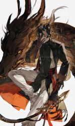 1boy absurdres arknights brown_hair chinese_clothes chinese_commentary chongyue_(arknights) chunbuchou commentary dragon earrings hand_on_own_face highres horns jewelry long_hair looking_at_viewer low_ponytail male_focus multicolored_hair pants pointy_ears ponytail red_eyes sharp_teeth solo streaked_hair tail teeth two-tone_hair white_footwear white_pants