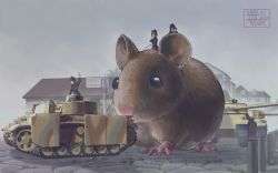 Rule 34 | 3girls, animal, arm up, bad id, bad pixiv id, binoculars, blue eyes, brick road, brown hair, building, caterpillar tracks, commentary, dated, girls und panzer, grass, grey sky, hand gesture, headphones, headset, highres, holding, holding binoculars, house, military, military vehicle, motor vehicle, mouse (animal), multiple girls, on animal, oversized animal, panther (tank), panzer iii, red hair, short hair, sky, tank, tree, useless (gss44344)