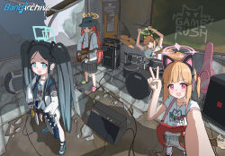 4girls absurdres alternate_costume alternate_hairstyle animal-themed_footwear animal_ear_footwear animal_ear_headphones animal_ears aris_(blue_archive) arm_out_of_frame band_shirt bass_guitar black_hair black_skirt blonde_hair blue_archive blue_eyes blue_shoes bow bowtie bucket_hat cat_ear_headphones chalkboard commentary_request copyright_name drum drum_set drumsticks dsfr electric_guitar fake_animal_ears full_body game_development_department_(blue_archive) green_bow green_bowtie green_eyes green_halo grey_hat guitar hair_bow halo hat headphones highres holding holding_drumsticks holding_guitar holding_instrument holding_plectrum instrument instrument_case jacket logo_parody long_hair long_sleeves looking_at_viewer merchandise midori_(blue_archive) momoi_(blue_archive) multicolored_jacket multiple_girls open_clothes open_jacket open_mouth pink_eyes pink_halo pink_shoes pleated_skirt plectrum ponytail red_bow red_bowtie red_hair shirt shoes short_ponytail short_sleeves siblings sitting skirt smile socks standing twins twintails v very_long_hair white_shirt white_socks wireless_earphones yuzu_(blue_archive)
