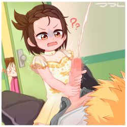 1boy 2girls ? ?? ^_^ akeuraji_tsukasa blonde_hair brown_hair caught censored closed_eyes confused cum ejaculation girl_on_top handjob hetero loli medalist_(manga) miketa_ryouka mosaic_censoring multiple_girls oscarlllll penis projectile_cum straddling two-handed_handjob yuitsuka_inori