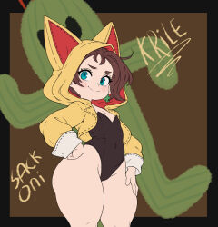 1girl animal_ear_hood artist_name black_leotard blue_eyes blush brown_hair character_name closed_mouth clover_hair_ornament fake_animal_ears final_fantasy final_fantasy_xiv flat_chest four-leaf_clover_hair_ornament from_side hair_ornament hand_on_own_hip highres hood hoodie krile_baldesion_(ff14) lalafell leotard looking_at_viewer playboy_bunny sabotender sackoni short_hair smile solo wide_hips yellow_hoodie