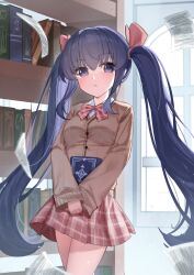 1girl black_eyes black_hair blazer book bookshelf bow bowtie brown_jacket commentary_request eyes_visible_through_hair flying_paper hair_ribbon highres holding holding_book jacket library long_hair looking_at_viewer original paper plaid_bow plaid_bowtie plaid_clothes plaid_skirt pleated_skirt red_bow red_bowtie red_skirt ribbon school_uniform shirt skirt solo sparkling_eyes twintails white_shirt window wlswlp