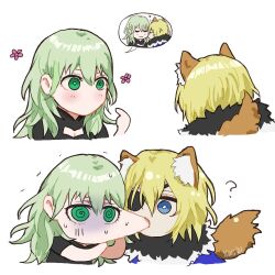 animal_ears biting blonde_hair blue_eyes chibi dimitri_alexandre_blaiddyd dimitri_alexandre_blaiddyd_(timeskip) eyepatch female_byleth_(enlightened)_(fire_emblem) female_byleth_(fire_emblem) fire_emblem fire_emblem:_three_houses green_eyes green_hair meansary nintendo tail wolf_ears wolf_tail