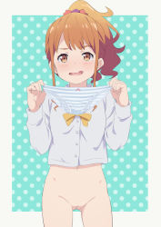 Rule 34 | 1girl, bad id, bad pixiv id, blouse, blush, bottomless, bow, bow panties, brown eyes, brown hair, cleft of venus, collared shirt, cowboy shot, eromanga sensei, female focus, halftone, hayyan, highres, holding, holding unworn clothes, holding panties, holding underwear, holding unworn clothes, jinno megumi, legs apart, long sleeves, navel, no panties, open mouth, outside border, panties, polka dot, polka dot background, ponytail, presenting removed panties, pussy, shirt, solo, standing, striped clothes, striped panties, tears, uncensored, underwear, unworn panties, white shirt