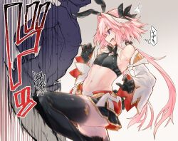 Rule 34 | 2boys, astolfo (fate), ball busting, black gloves, bow, bowtie, detached sleeves, gloves, haoro, kneeing, midriff, multiple boys, skirt, thighhighs, translation request