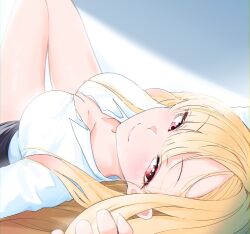 1girl blonde_hair breasts cleavage closed_mouth collarbone collared_shirt commentary english_commentary highres kitagawa_marin knees_up long_hair lying medium_breasts on_back pink_eyes poolpool shirt solo sono_bisque_doll_wa_koi_wo_suru white_shirt