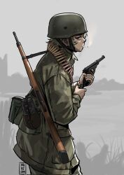 1girl ammunition_belt ammunition_pouch battle_of_carentan blonde_hair blue_eyes bolt_action canteen cigarette combat_helmet commentary english_commentary fallschirmhelm fallschirmjaeger finger_on_trigger france german_army gun gun_sling handgun helmet highres invasion_of_normandy luftwaffe magazine_(weapon) mardjan mauser_98 military military_combat_uniform military_uniform mouth_hold original outdoors paratrooper pouch reloading rifle short_hair smoke smoke_trail smoking soldier walther walther_p38 weapon wehrmacht world_war_ii