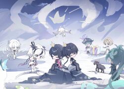 4boys 5girls abby_(wuthering_waves) animalization black_flower black_hair blake_bloom_(wuthering_waves) box brant_(wuthering_waves) brown_hair camellya_(wuthering_waves) chibi chibi_only closed_eyes commentary_request crown female_rover_(wuthering_waves) flower gift gift_box green_hair hair_flower hair_ornament hair_vines hat highres huqu_(huqu45712) jinhsi_(wuthering_waves) jiyan_(wuthering_waves) long_hair male_rover_(wuthering_waves) multiple_boys multiple_girls out_of_frame rover_(wuthering_waves) scar_(wuthering_waves) shorekeeper_(wuthering_waves) short_hair sitting tricorne verina_(wuthering_waves) white_eyes white_hair wuthering_waves xiangli_yao_(wuthering_waves)