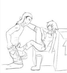 1boy 1girl boots box cardboard_box cargo_shorts feet footjob grin lazyfoxxx lowres monochrome mullet pants penis shoes unworn_shoes shorts single_shoe single_sock sketch smile socks tank_top teasing tongue undressing unfinished