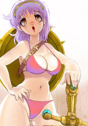 1girl athena_(series) bikini blush breasts brown_eyes cleavage hand_on_own_hip highres large_breasts legs lipstick long_hair makeup navel open_mouth princess_athena purple_hair red_bikini shield snk solo source_request swimsuit sword thick_thighs thighs weapon