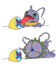 digimon digimon_(creature) food fruit highres keramon keramon_x-antibody lemon manchi_kansuke meme pun sharp_teeth solo teeth thour_(meme) tongue tongue_out x-antibody