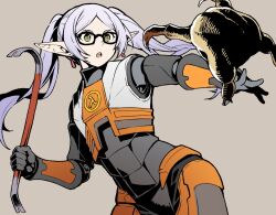 1girl armor commentary_request cowboy_shot crossover crowbar earrings elf frieren glasses gordon_freeman green_eyes grey_background grey_hair hagure_keg half-life half-life_(series) half-life_2 headcrab holding holding_crowbar jewelry open_mouth pointy_ears simple_background solo sousou_no_frieren teeth tongue twintails
