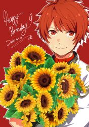Rule 34 | &gt;:), 1boy, aiguillette, bouquet, choppy bangs, dated, flower, happy birthday, highres, holding, holding bouquet, ittoki otoya, jacket, leaf, long sleeves, looking at viewer, male focus, niki (nikism1987), outline, red background, red eyes, red hair, red shirt, shirt, short hair, simple background, sleeve cuffs, smile, solo, sunflower, swept bangs, upper body, uta no prince-sama, v-shaped eyebrows, white jacket, white outline, yellow flower