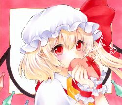 1girl artist_name ascot blonde_hair blush border box collared_shirt commentary crystal crystal_wings flandre_scarlet hat heart-shaped_box highres holding holding_box looking_at_viewer marker_(medium) mob_cap multicolored_wings one_side_up outside_border pointy_ears red_border red_eyes red_vest shirt signature solo symbol-only_commentary touhou traditional_media valentine vest white_hat white_shirt wings wrist_cuffs yellow_ascot yuuki_hana_(jtnp5334)