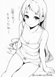 1girl alternate_costume breasts camisole casual cleavage commentary_request dolphin_shorts kantai_collection lineart long_hair mae_(maesanpicture) monochrome navel samidare_(kancolle) shorts sitting small_breasts smile solo translation_request twitter_username