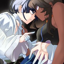 1boy 1girl alternate_costume aqua_belt arm_around_waist aura black_shirt blue_trim blunt_ends chochocmint_crazy constricted_pupils contemporary dark-skinned_female dark_skin eye_contact eyeliner eyeshadow fingernails genshin_impact hand_on_another&#039;s_shoulder highres index_finger_raised jewelry long_hair long_sleeves looking_at_another makeup neck_ring open_hand open_mouth original pointing pointing_at_another purple_eyes red_eyeliner red_eyes red_eyeshadow scaramouche_(genshin_impact) shirt sidelighting sidelocks white_mouth white_shirt white_sleeves wide_sleeves