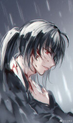 Rule 34 | 1boy, ahoge, black gloves, black hair, black hanfu, black robe, blood, blood on face, blood on hands, chinese clothes, chinese commentary, from side, gloves, hair between eyes, hand on own neck, hanfu, long hair, looking down, male focus, modao zushi, parted lips, partially fingerless gloves, ponytail, profile, rain, red eyes, robe, smirk, solo, upper body, watermark, weibo watermark, xiao xiao zuowen, xue yang