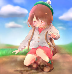 Rule 34 | 1girl, 22m, backpack, bag, beret, blue sky, blush, breath, brown eyes, brown hair, brown shoes, cardigan, cloud, day, dress, embarrassed, female focus, flat chest, full body, gloria (pokemon), grass, green hat, green socks, grey cardigan, hand up, hat, highres, long sleeves, looking down, matching hair/eyes, nintendo, nose blush, open mouth, outdoors, peeing, peeing self, pink dress, plaid clothes, plaid legwear, pokemon, pokemon swsh, puddle, shoes, short hair, sky, socks, solo, squatting, steam, sweat, wavy mouth, wet, wet clothes