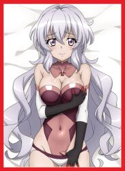 Rule 34 | 1girl, artist request, border, breasts, dolphin wave, grey hair, highres, large breasts, navel, purple eyes, red border, senki zesshou symphogear, source request, tagme, yukine chris