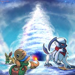 :o absol artist_name bright_pupils brown_eyes charmander claws commentary eevee fangs fangs_out fire flame-tipped_tail gen_1_pokemon gen_3_pokemon green_bag green_eyes highres looking_down nintendo no_humans one_eye_closed open_mouth outdoors pokemon pokemon_(creature) pokemon_focus pokemon_mystery_dungeon red_eyes spyrook tail