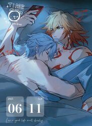 2boys antenna_hair bite_mark blonde_hair blue_pajamas cellphone clock closed_eyes commentary dated earrings gold_earrings gradient_hair hickey highres holding holding_phone honkai:_star_rail honkai_(series) hug jewelry male_focus multicolored_hair multiple_boys mydei_(honkai:_star_rail) on_bed one_eye_closed osamu18568716 pajamas phainon_(honkai:_star_rail) phone red_hair short_hair sleeping smartphone top/bottom_dynamic_annotated white_hair yaoi yellow_eyes