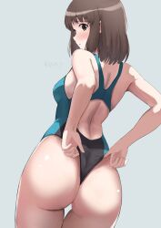 amagami ass ass_focus blush brown_hair gyuunyuu_pack_(tanaka) highres huge_ass looking_back one-piece_swimsuit short_hair swimsuit tanaka_keiko_(amagami)