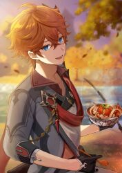 1boy :d ahoge artist_name black_gloves blue_eyes bowl brown_hair commentary_request fishing_rod food genshin_impact gloves grey_shirt hair_between_eyes highres hitsujino_mery holding holding_bowl holding_spoon lake male_focus open_mouth purple_sky shirt sky smile solo spoon tartaglia_(genshin_impact) tree water