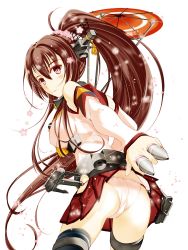 10s 1girl anchor ass bad_id bad_pixiv_id blush breasts brown_hair cherry_blossoms cowboy_shot female_focus from_behind headgear highres holding kantai_collection large_breasts light_smile long_hair looking_at_viewer looking_back miniskirt moonsorrow oil-paper_umbrella panties petals pink_panties pleated_skirt ponytail red_skirt simple_background single_thighhigh skirt solo string_panties thighhighs type_91_armor-piercing_shell umbrella underwear very_long_hair white_background yamato_(kancolle)