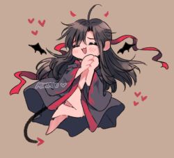 1boy :d ahoge artist_name bare_legs barefoot black_hair black_tail black_wings blush chibi chibi_only chinese_clothes closed_eyes coat demon_boy demon_horns demon_tail demon_wings full_body grey_coat hair_down hair_ribbon half_updo hanfu heart horns long_hair long_sleeves male_focus minataka94 modao_zushi naked_coat naked_robe nude official_alternate_costume official_alternate_hairstyle open_clothes open_coat open_mouth open_robe own_hands_together red_horns red_ribbon ribbon robe sidelocks simple_background smile solo tail trap watermark wei_wuxian wei_wuxian_(yiling_laozu) wide_sleeves wings