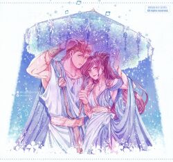 1boy 1girl absurdres ancient_greek_clothes animification blue_eyes brown_hair disney dress eyeshadow greco-roman_clothes hercules_(1997_movie) hercules_(disney) highres holding jewelry long_hair looking_at_viewer makeup megara_(disney) mizala multiple_boys muscular muscular_male orange_hair ponytail purple_dress purple_eyes shirt short_hair sleeveless smile
