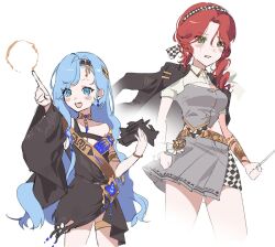 2girls 37_(reverse:1999) :d alternate_costume bare_shoulders black_dress black_hairband black_jacket blue_eyes blue_hair checkered_hairband circle cowboy_shot cropped_legs dress freckles gold_choker green_eyes grey_shirt grey_skirt guni_(9guniguni) hairband hands_up highres holding holding_mask index_finger_raised jacket jacket_on_shoulders long_hair looking_to_the_side mask midriff miniskirt multiple_girls open_mouth red_hair reverse:1999 shirt short_dress short_sleeves single_tear skirt smile sophia_(reverse:1999) very_long_hair white_background