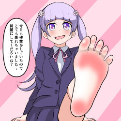 Rule 34 | 1girl, ashiura koubou, barefoot, blush, feet, foot focus, foot up, highres, long hair, looking at viewer, new game!, open mouth, purple eyes, purple hair, soles, suzukaze aoba, toes, translated, twintails