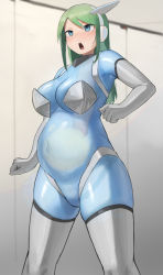 1girl auto_internal_cumshot big_belly blue_eyes blue_skin blurry blurry_background blush breasts censored cleavage clenched_hands clenched_teeth colored_skin commentary_request cum cum_inflation dickneck ejaculation elbow_gloves feet_out_of_frame gloves green_hair hair_between_eyes headgear highres inflation long_hair looking_away misplaced_genitals mosaic_censoring navel no_pussy open_mouth original oruka_(kamituki0827) penis penis_neck sidelocks solo sweatdrop teeth thick_thighs thighhighs thighs see-through_body