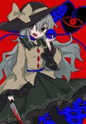 1girl @_@ alternate_hair_length alternate_hairstyle black_hat blood bloody_knife bloody_tears blouse bow buttons cardiogram_print chinese_commentary commentary_request contrast_collar diamond_button feet_out_of_frame frilled_shirt_collar frilled_skirt frilled_sleeves frills green_eyes green_skirt grey_hair hair_between_eyes hat hat_bow hat_ribbon heart heart_of_string highres holding holding_eyeball holding_knife holding_weapon knife komeiji_koishi long_hair long_sleeves open_mouth print_skirt red_background ribbon sharp_teeth shirt skirt smile solo strangling teeth third_eye touhou very_long_hair weapon wide_sleeves wusem0108 yandere yellow_bow yellow_ribbon yellow_shirt