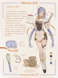 1girl alternate_costume alternate_hairstyle alternate_headwear alternate_legwear apron asymmetrical_footwear braided_twintails breasts cake chef_hat color_guide commentary earrings english_commentary english_text flour food four-pointed_star hair_ornament hairpin hat head_wings highres holding holding_cake holding_food holding_whisk honkai:_star_rail honkai_(series) hoyofair jewelry long_hair looking_at_viewer macaron mouse_(animal) open_mouth puffy_short_sleeves puffy_sleeves robin_(honkai:_star_rail) short_shorts short_sleeves shorts single_thighhigh small_breasts smile solo strawberry_cake sumi_(suumiko_) text_focus thighhighs very_long_hair waist_apron whisk white_background wings