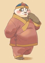 Rule 34 | 1boy, :p, alternate costume, belly, blue eyes, blush, brown background, costume request, crave saga, full body, garou-zuki, highres, male focus, panda boy, plump, shaoren (crave saga), solo, standing, standing on one leg, tongue, tongue out