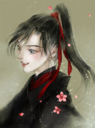 1boy androgynous bishounen black_hair black_hanfu blush cherry_blossoms chinese_clothes falling_petals flower grey_eyes hair_ribbon hanfu high_ponytail ink_wash_painting kcllzas163 light_particles long_hair looking_to_the_side male_focus modao_zushi open_mouth petals pink_flower ponytail red_ribbon ribbon smile solo third-party_source upper_body wei_wuxian