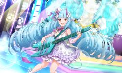 1girl :d amplifier animal_ear_fluff animal_ears artist_request blue_hair blunt_bangs bow bowtie brown_eyes buttons delmin_(show_by_rock!!) demon_tail detached_sleeves double-breasted dress drill_hair electric_guitar feet_out_of_frame floating_hair flower frilled_dress frills guitar hair_flower hair_ornament hat hat_bow holding holding_guitar holding_instrument horns instrument legs_apart lens_flare long_hair looking_at_viewer mini_hat mini_top_hat music official_art open_mouth playing_instrument purple_bow purple_bowtie purple_horns show_by_rock!! sleeveless sleeveless_dress smile solo sparkle stage stage_lights standing tail third-party_source top_hat twin_drills white_dress white_hat