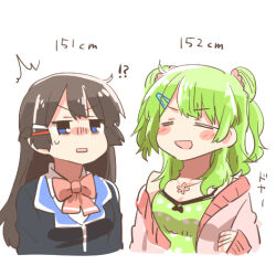 !? 2girls :d ^^^ black_hair black_jacket blazer bow braid breasts camisole chibi cleavage closed_eyes collared_shirt cropped_torso double_bun green_camisole green_hair hair_bun hair_ornament hairclip height jacket long_hair lowres morinaka_kazaki morinaka_kazaki_(2nd_costume) multiple_girls nijisanji off_shoulder open_clothes open_jacket open_mouth pink_bow pink_jacket polka_dot_camisole rebecca_(keinelove) rectangular_mouth school_uniform shirt simple_background small_breasts smile tsukino_mito tsukino_mito_(1st_costume) two_side_up upper_body virtual_youtuber white_background white_shirt