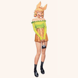 1girl animal_ears arknights bag black_shoes black_socks bow buck_teeth closed_eyes clothing_request female_focus full_body green_shirt grey_background hair_bow handbag holding holding_bag jewelry kroos_(arknights) messy_hair necklace off_shoulder open_mouth orange_hair orange_skirt rabbit_ears rabbit_girl shirt shoes simple_background skirt socks solo standing tagme teeth white_background wonbin_lee