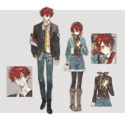 Rule 34 | 1boy, 1girl, absurdres, belt, black jacket, black pantyhose, blue jacket, book, boots, collared shirt, denim, full body, hair ornament, hairclip, hand on own chest, hat, highres, jacket, jeans, jewelry, long sleeves, male focus, multiple views, necklace, necktie, open clothes, open jacket, original, pants, pantyhose, qyzhiaiyisheng, red eyes, reference sheet, shirt, short hair, shorts, standing, virtual youtuber, yellow eyes, yellow necktie