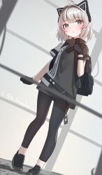 1girl :&lt; ahoge animal_ear_headphones animal_ears backpack bag black_bag black_gloves black_jacket black_leggings black_pants black_shirt black_shoes blurry blurry_foreground blush cat_ear_headphones cat_ears character_name depth_of_field dutch_angle fake_animal_ears full_body gloves grey_eyes grey_hair hair_intakes hand_up headphones highres holding_strap honoka_(vrchat) jacket leggings looking_at_viewer medium_hair pants parted_lips shirt shoes short_hair short_sleeves six_box sneakers solo standing tight_clothes vrchat