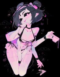 Rule 34 | 1girl, :p, arthropod girl, bikini, black background, black bikini, black choker, black hair, black sclera, blush, breasts, choker, cleavage, colored sclera, cropped legs, cup, extra arms, extra eyes, front-tie bikini top, front-tie top, highres, holding, holding cup, insect girl, medium breasts, muffet, navel, purple eyes, short hair, side-tie bikini bottom, solo, spider girl, sweatdrop, swimsuit, teacup, tongue, tongue out, two side up, undertale, usa37107692