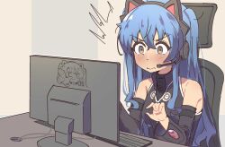 1girl ^^^ animal_ear_headphones animal_ears armpit_crease at_computer bare_shoulders black_hairband blue_hair blush brown_eyes cat_ear_headphones chibi computer computer_keyboard detached_sleeves eiyuu_densetsu embarrassed fake_animal_ears hairband headphones headset index_finger_raised long_hair loose_hair_strand microphone monitor naisu_(nai_su01) pointing solo surprised sweater tio_plato turtleneck turtleneck_sweater wavy_mouth wide-eyed zero_no_kiseki