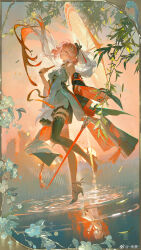 1girl bare_shoulders black_jacket black_shoes black_sleeves black_thighhighs body_markings braid breasts changli_(wuthering_waves) chinese_commentary colored_extremities commentary_request copyright_notice detached_sleeves dress feather_hair full_body hair_extensions hair_ornament high_heels highres holding holding_sword holding_umbrella holding_weapon jacket logo long_hair looking_at_viewer medium_breasts multicolored_hair noland official_art oil-paper_umbrella parted_lips pink_hair red_hands ring_hair_extensions shoes short_sleeves smile solo sword tacet_mark_(wuthering_waves) thigh_strap thighhighs twin_braids two-tone_hair umbrella very_long_hair weapon white_dress white_hair white_umbrella wuthering_waves yellow_eyes