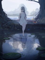 Rule 34 | 1girl, 3boys, arms at sides, barefoot, book, closed mouth, cloud, collarbone, commentary request, day, different reflection, dress, eisen (sousou no frieren), elf, expressionless, frieren, ghost, green eyes, grey hair, hair down, heiter, highres, hill, himmel (sousou no frieren), light rays, lily pad, long hair, mage staff, multiple boys, nature, no nose, ocean, outdoors, plant, pointy ears, pond, pupu (pupu12123), reflection, reflective water, ripples, scenery, short dress, sitting, sky, sleeveless, sleeveless dress, solo focus, sousou no frieren, sunbeam, sunlight, tree, very long hair, water, waves, white dress, white sky, wide shot